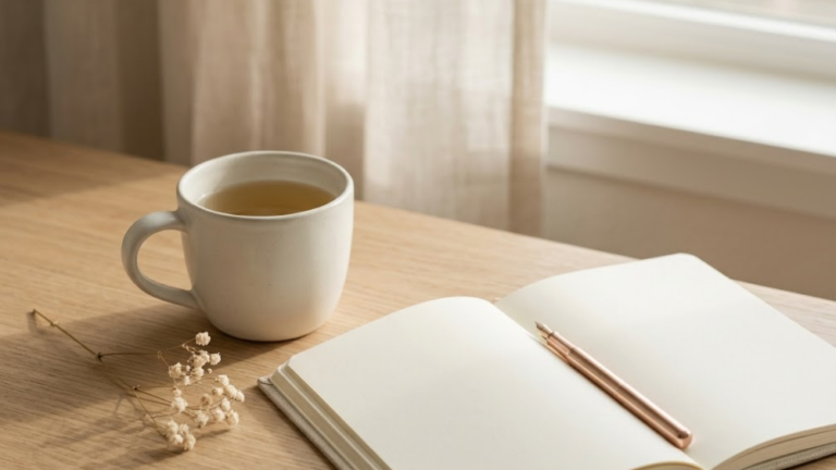 Aesthetic minimalist morning routine setup: a cup of tea, a blank linen journal, and natural light, perfect for intentional living.