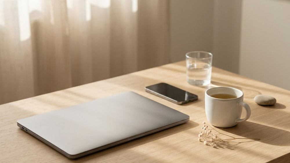 Minimalist digital lifestyle: a closed laptop and a phone face down next to a glass of water and a dried flower on a clean, light oak wood table.