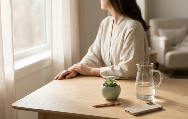 Guided morning presence for slow rituals: a woman in a linen robe looks toward a large sun-drenched window with a succulent.