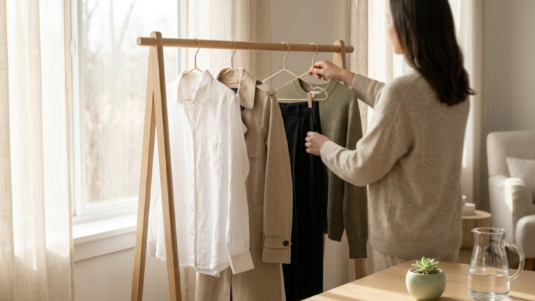 Minimalist sustainable capsule wardrobe inspiration: organic linen and cotton staples on a light wood clothing rack with diffused sunlight.