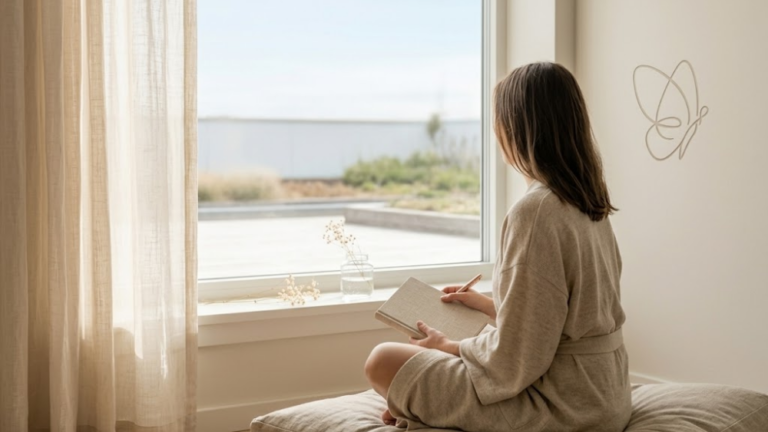 Reflective scene: a woman in a linen robe looks out a window, symbolizing a personal journey to intentional living, with a blank notebook and naturally lit beige walls.